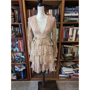 jjs house nude tiered lace deep v mini dress long sleeve nwt sz s